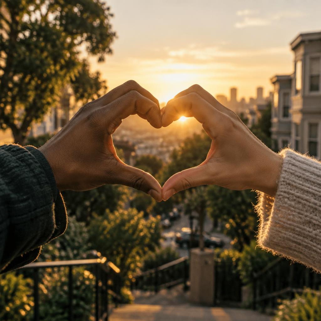 Two people making a heart shape with their hands in warm sunlight