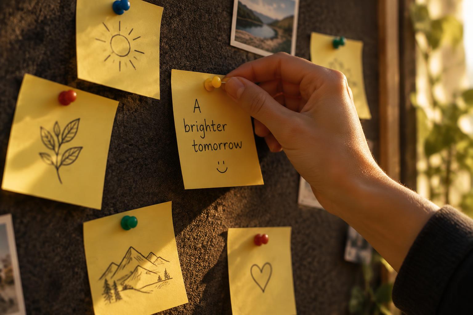 Hand pinning a yellow sticky note to a dark corkboard