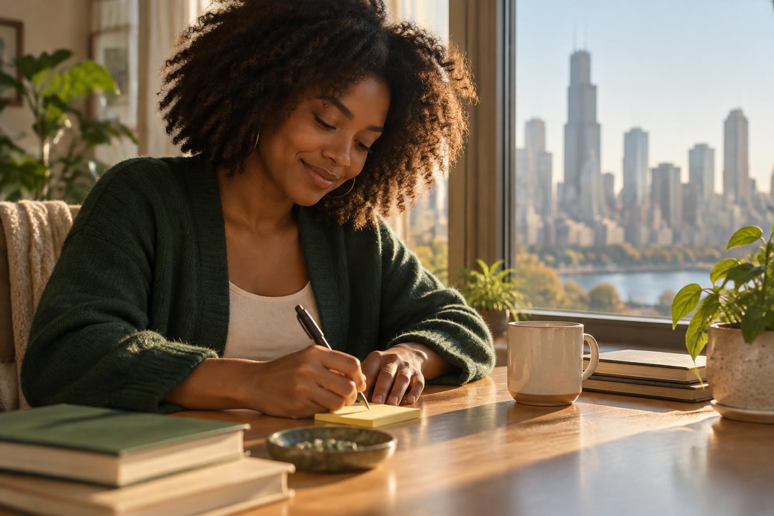 Writing a personal note in the sunlight